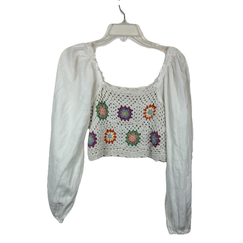 Aerie White Crochet Flower Crop Top Billowy Poet Sleeves Romantic Boho Sz XS EUC